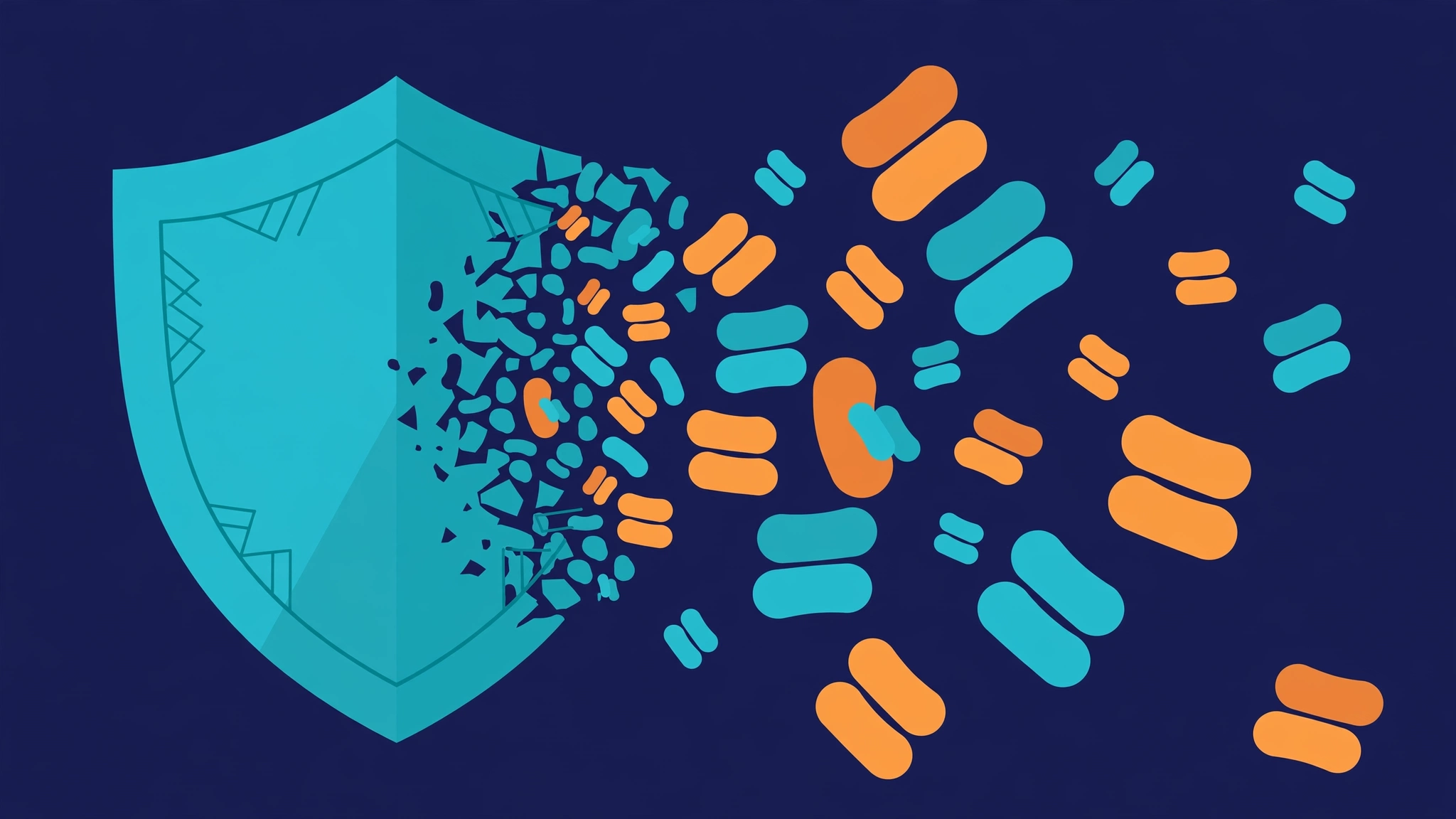 Flat medical illustration of antibiotic resistant gonorrhea bacteria overwhelming a protective shield