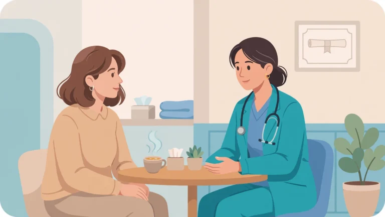 Flat medical illustration of a woman consulting a doctor about antidepressants and sex drive