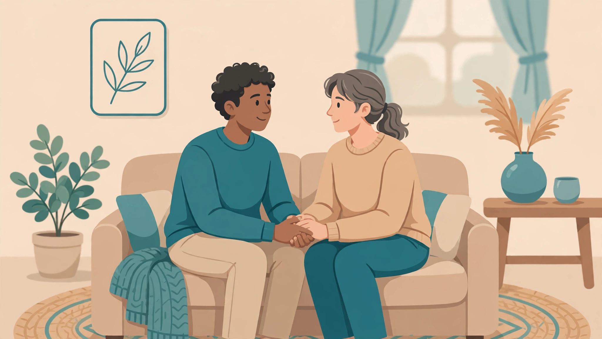 Illustration of a couple talking openly about antidepressants and sex drive side effects