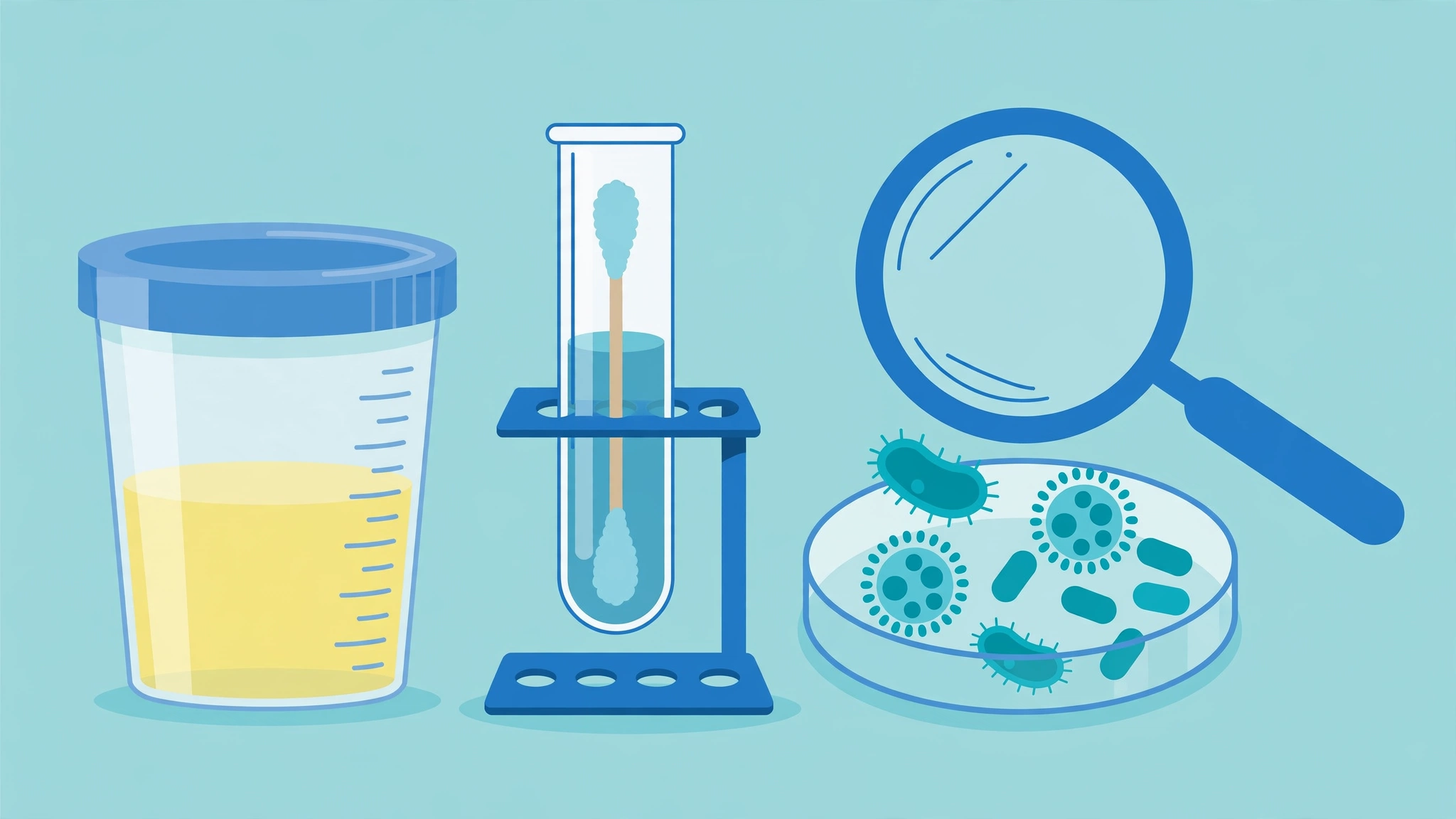 STI testing illustration showing swab and urine sample for chlamydia and gonorrhea testing