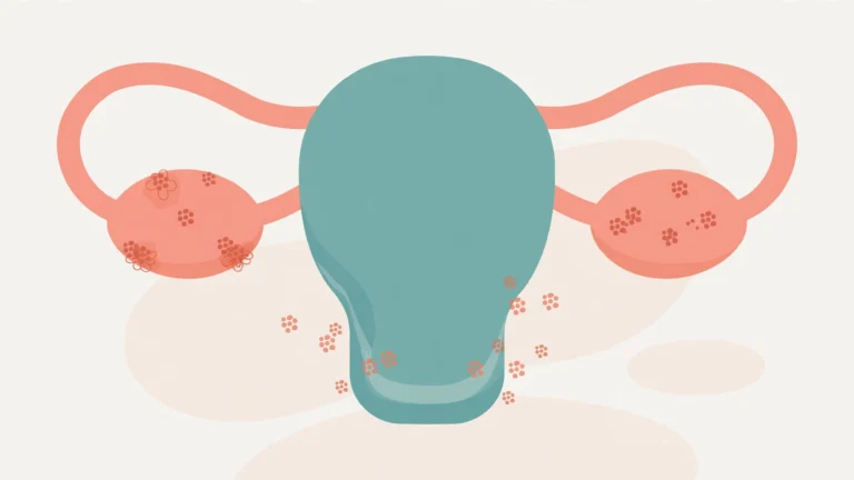 Illustration of endometriosis and fertility showing reproductive anatomy with lesions