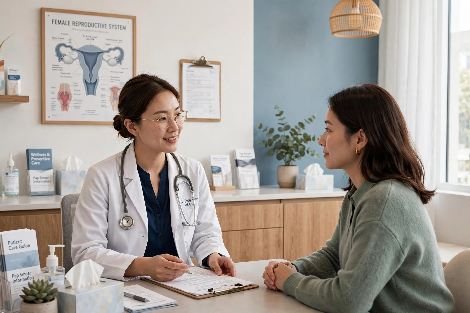 Female doctor consulting a patient in a gynecology clinic about cervicitis causes treatment and diagnosis