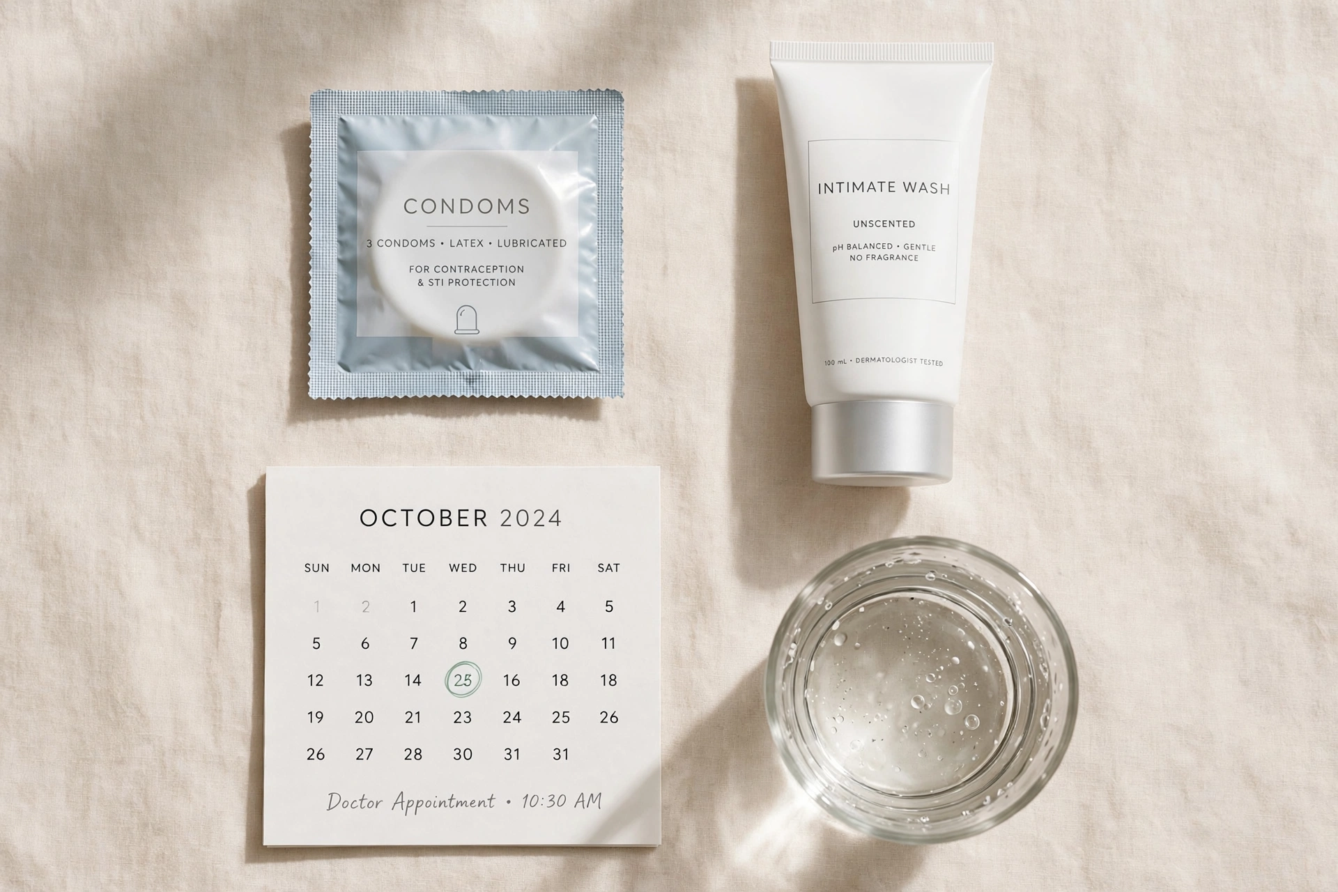 Flat-lay of cervicitis prevention essentials: condoms, unscented intimate wash, appointment calendar, and water