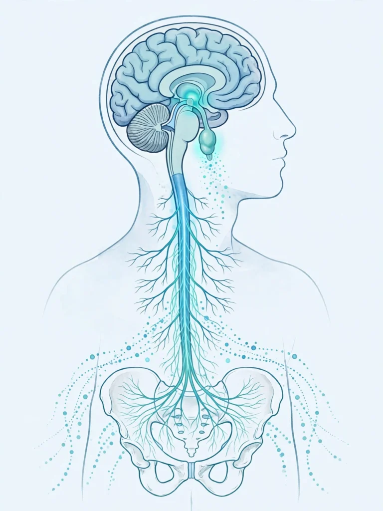 Medical illustration of the brain, spinal cord and nerve pathways involved in delayed orgasm in men, showing how causes such as nerve damage, hormones and medication affect the orgasm response