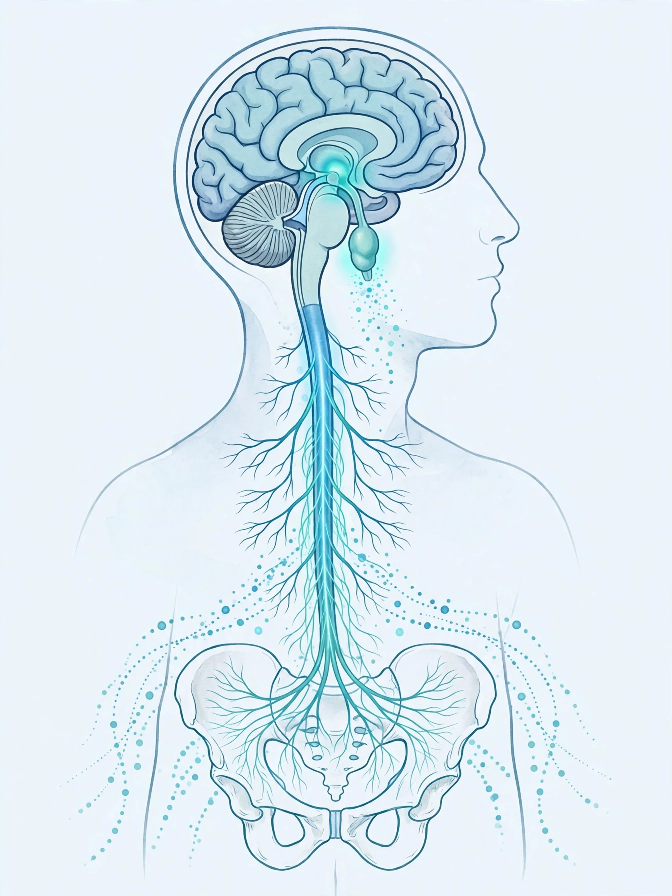 Medical illustration of the brain, spinal cord and nerve pathways involved in delayed orgasm in men, showing how causes such as nerve damage, hormones and medication affect the orgasm response