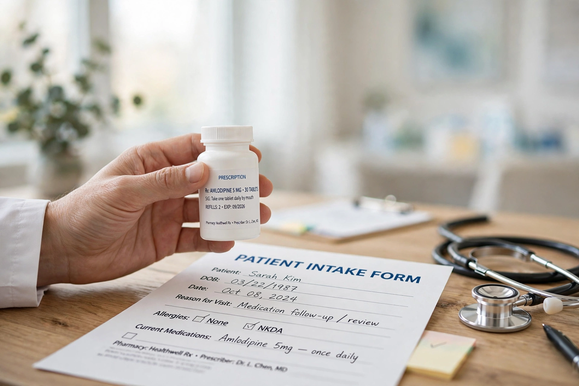 A doctor holding a prescription pill bottle beside a patient intake form during a medication review, since medications are among the most common delayed orgasm men causes