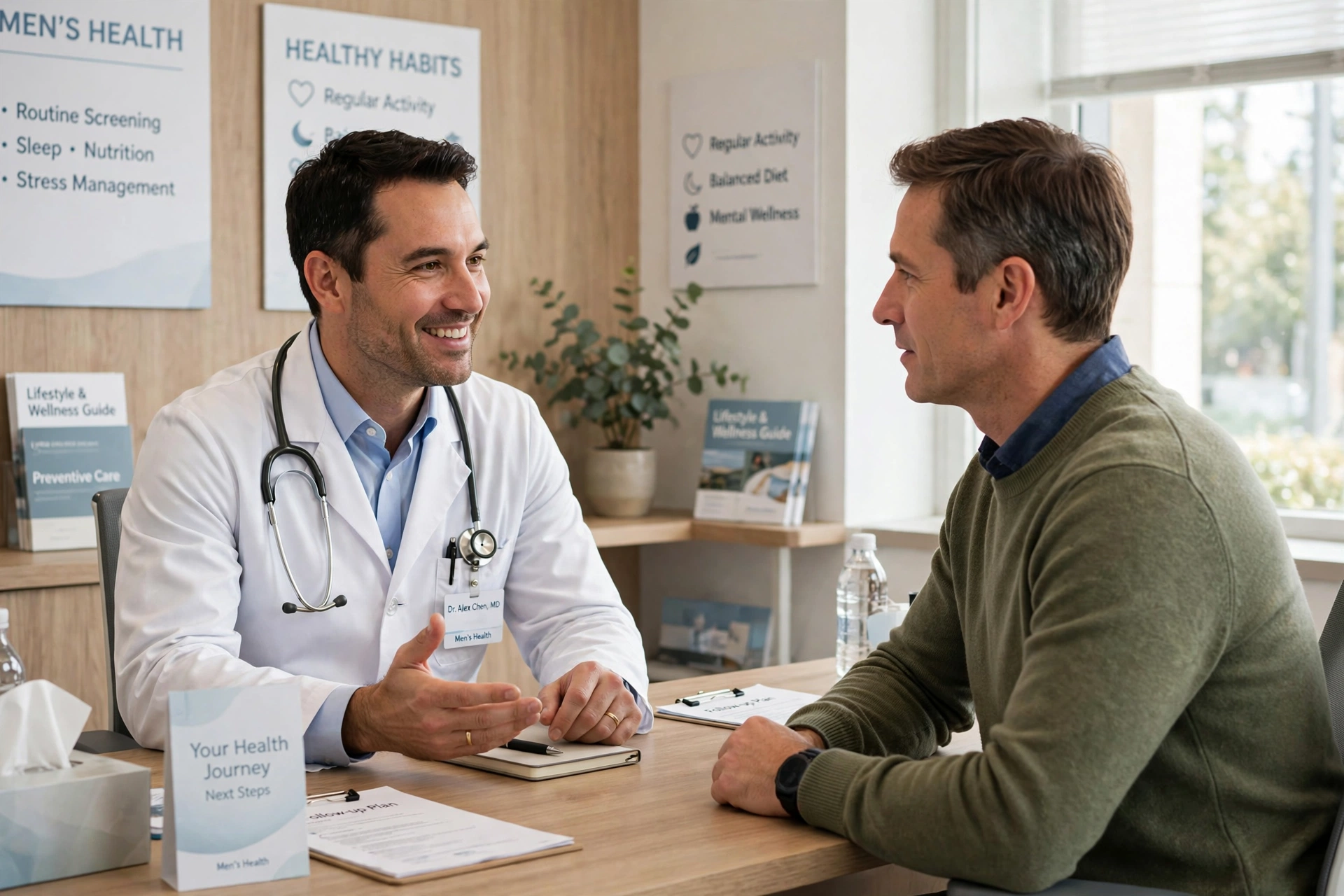 A male doctor counseling an adult patient about treatment options for delayed orgasm in a men's health clinic