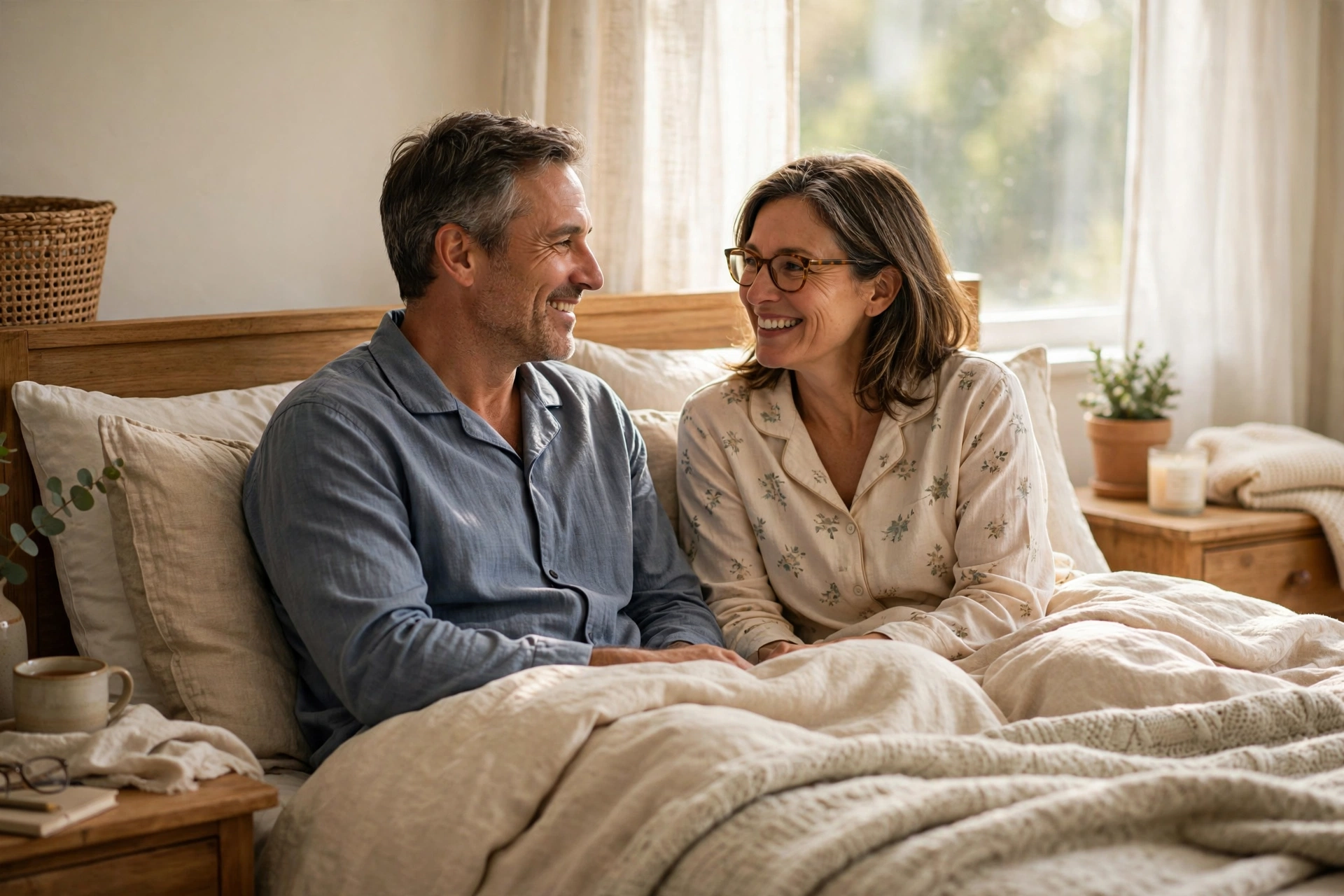 Happy middle-aged couple talking openly in bed in the morning, illustrating supportive communication about nocturia and intimacy.