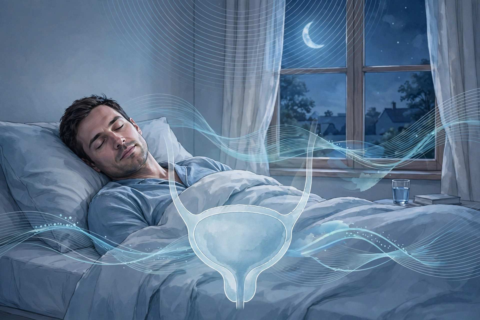 Medical-style illustration showing how nocturia and sex drive are connected: a man sleeping peacefully at night with a subtle bladder and hormone-wave overlay.