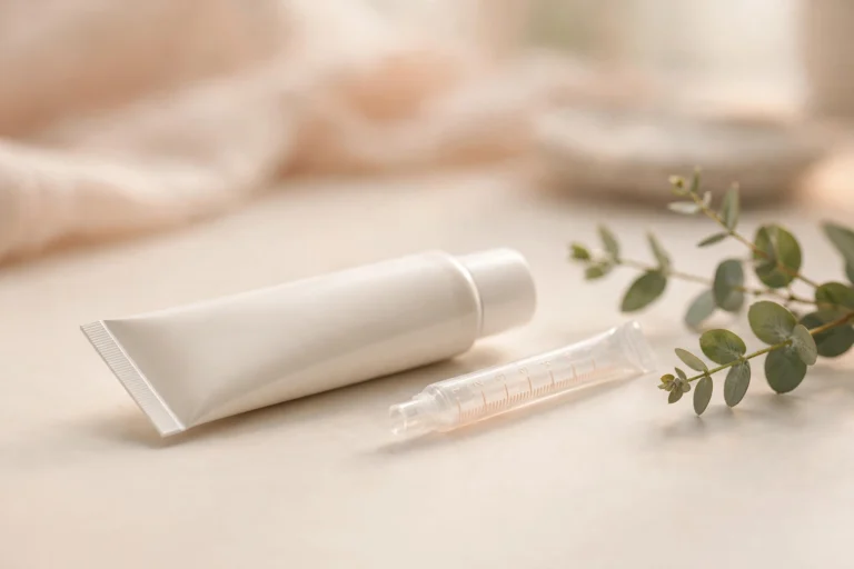 Vaginal estrogen cream benefits: estrogen cream tube and applicator on a clinical counter