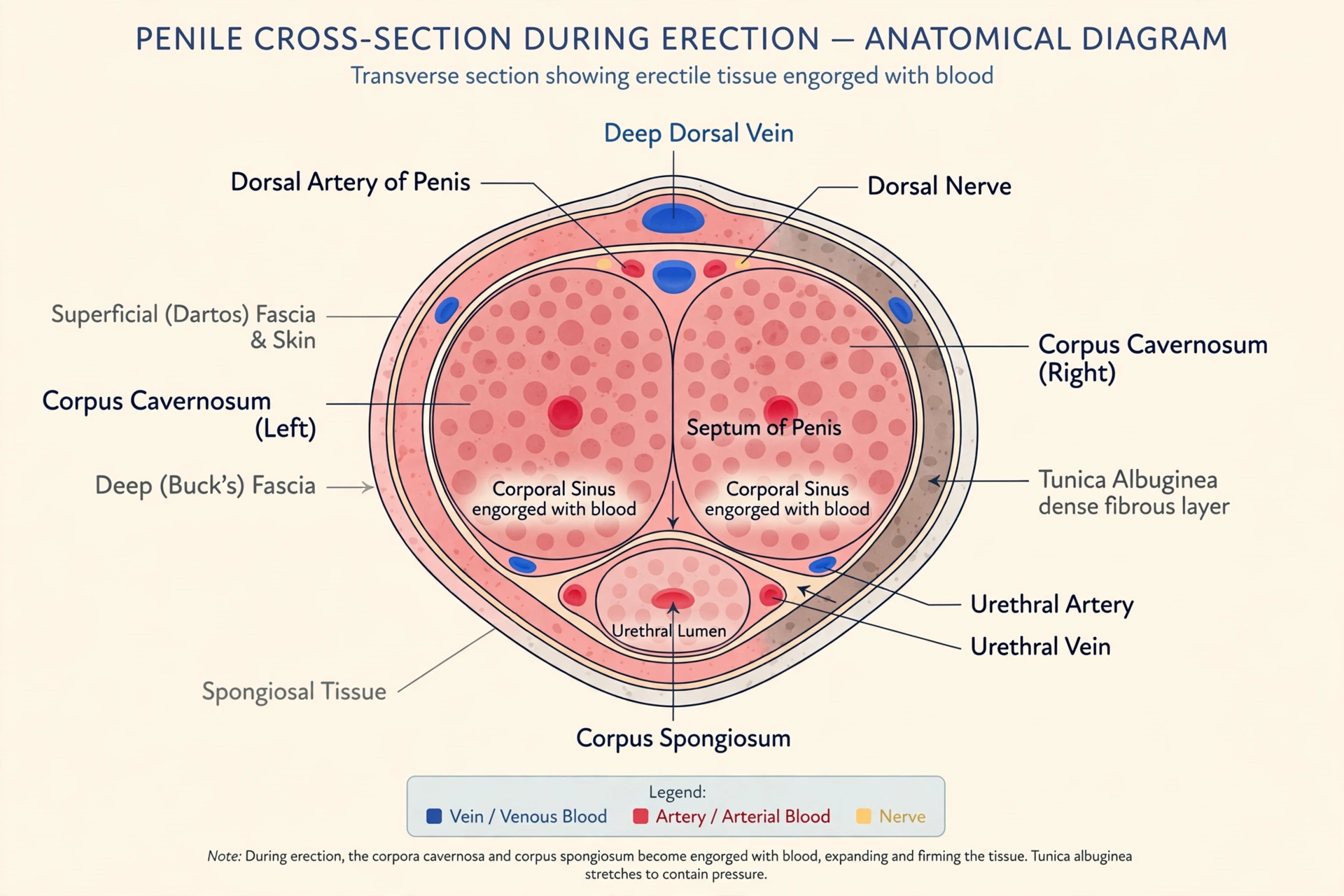 Clinical anatomical cross-section diagram showing the structures involved in penile fracture symptoms: labeled corpora cavernosa, tunica albuginea, and urethra during erection