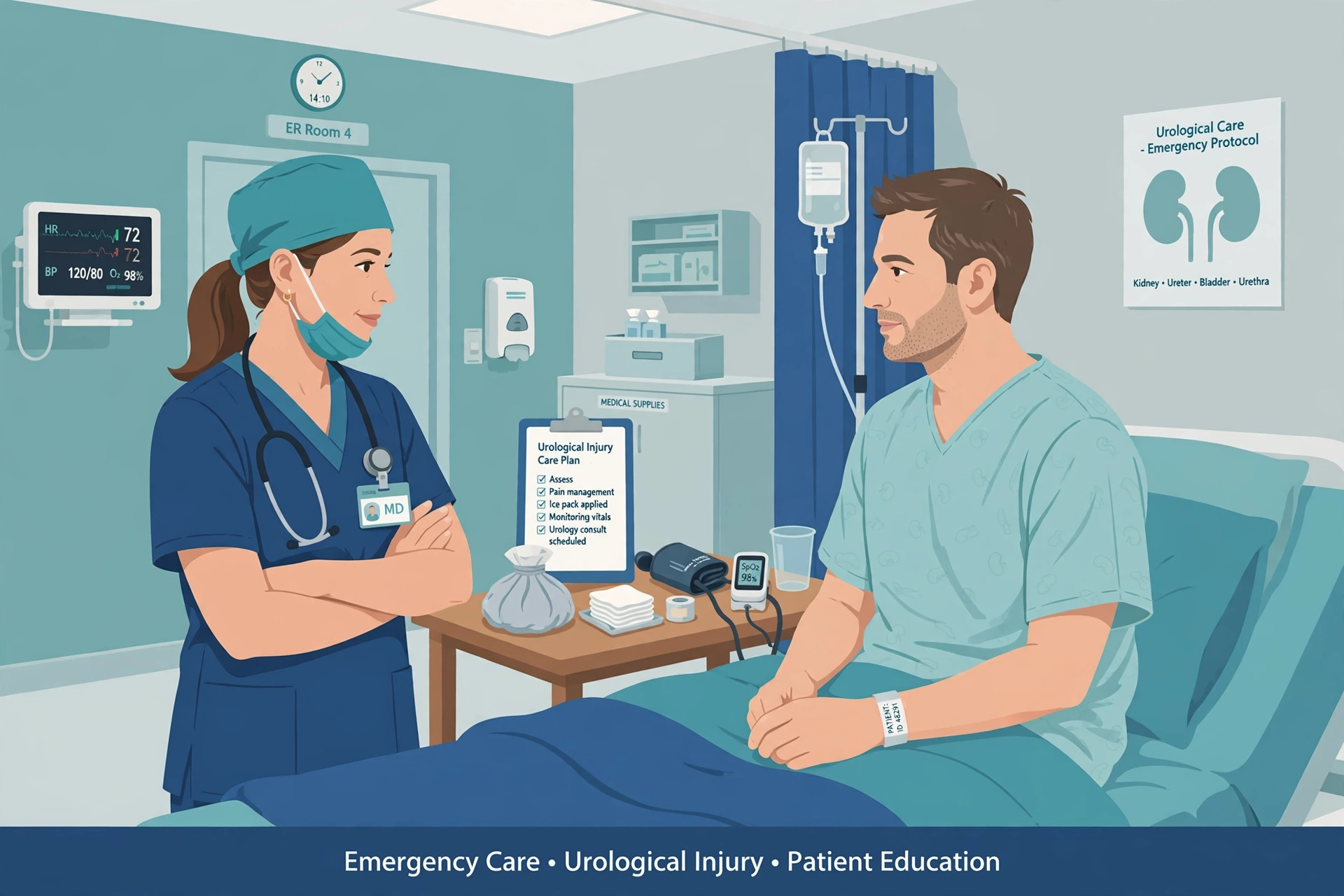 Illustration of a urologist consulting a patient in an emergency room during penile fracture emergency care