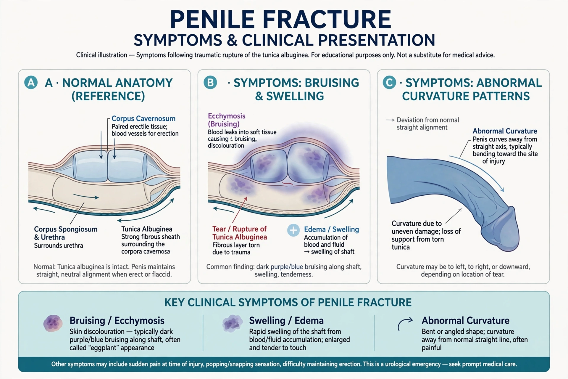 Medical diagram illustrating penile fracture symptoms such as bruising, swelling, and abnormal curvature patterns after injury