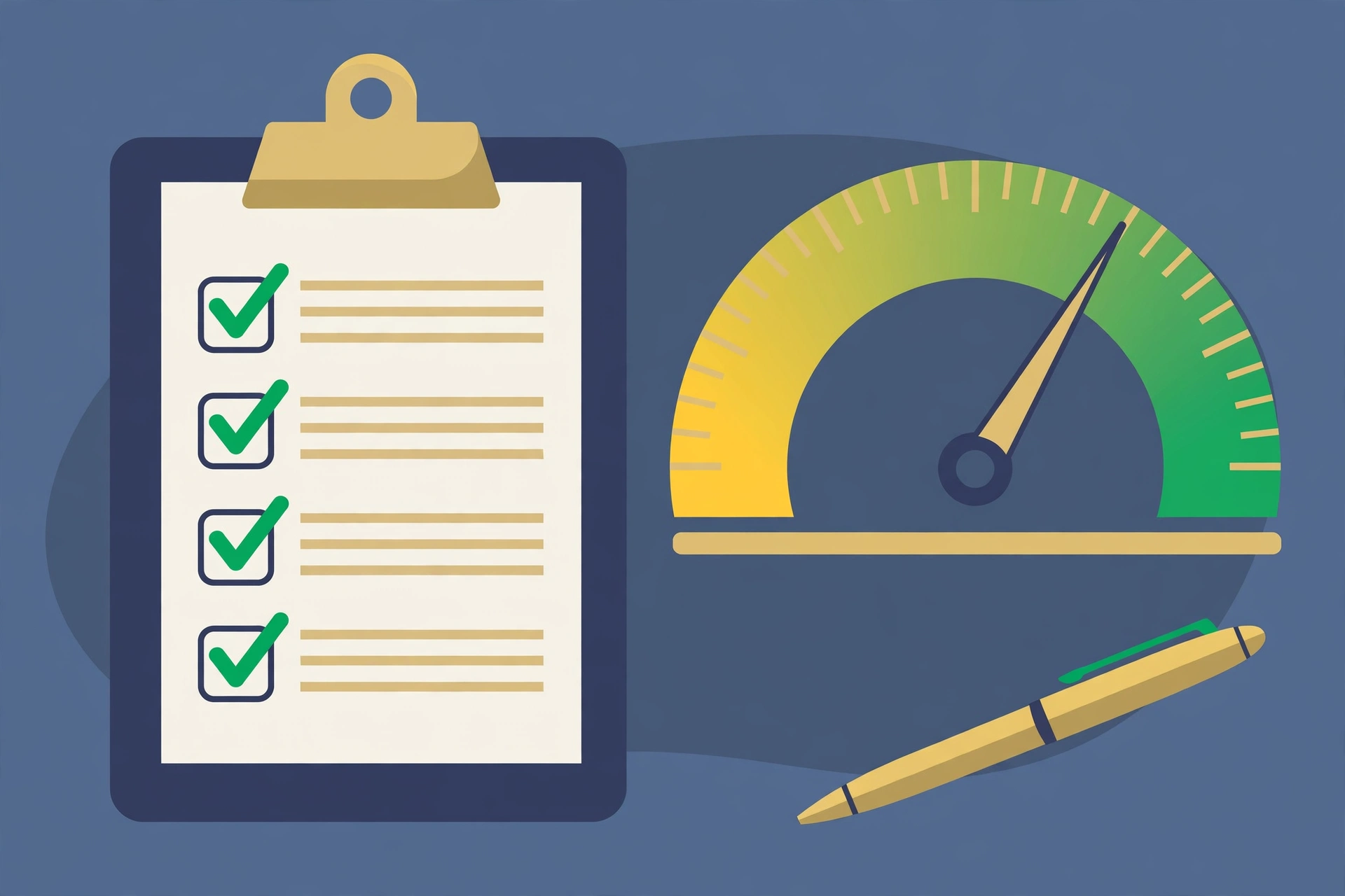 financial compatibility - Clipboard checklist with checkmarks beside a rising credit score gauge for premarital debt review