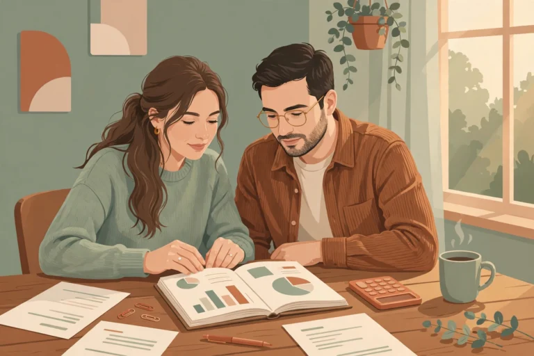 Engaged couple reviewing a budget planner and documents together, illustrating financial compatibility