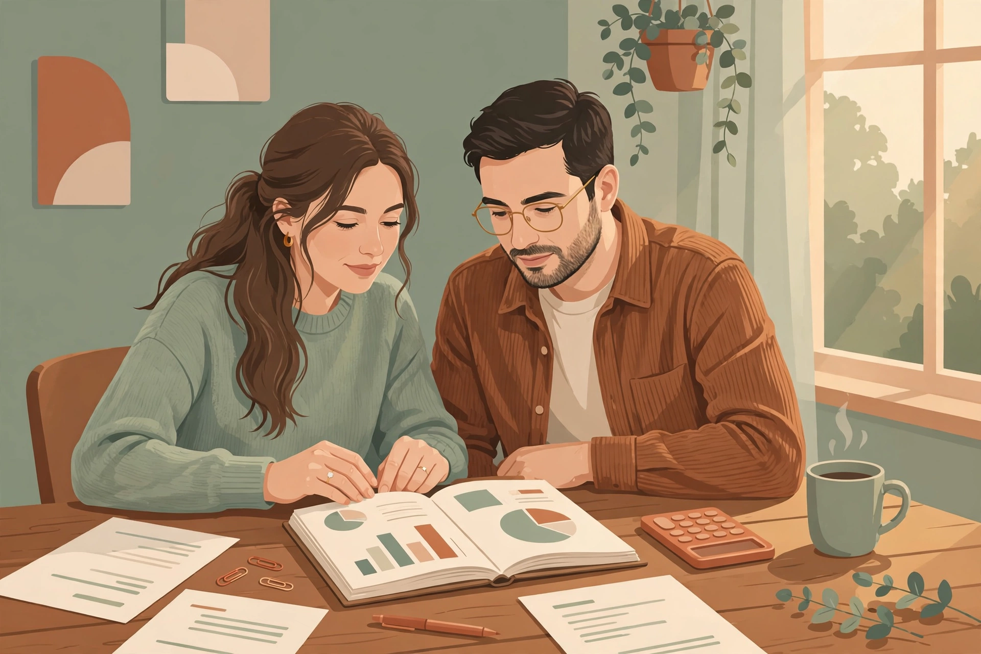 Engaged couple reviewing a budget planner and documents together, illustrating financial compatibility