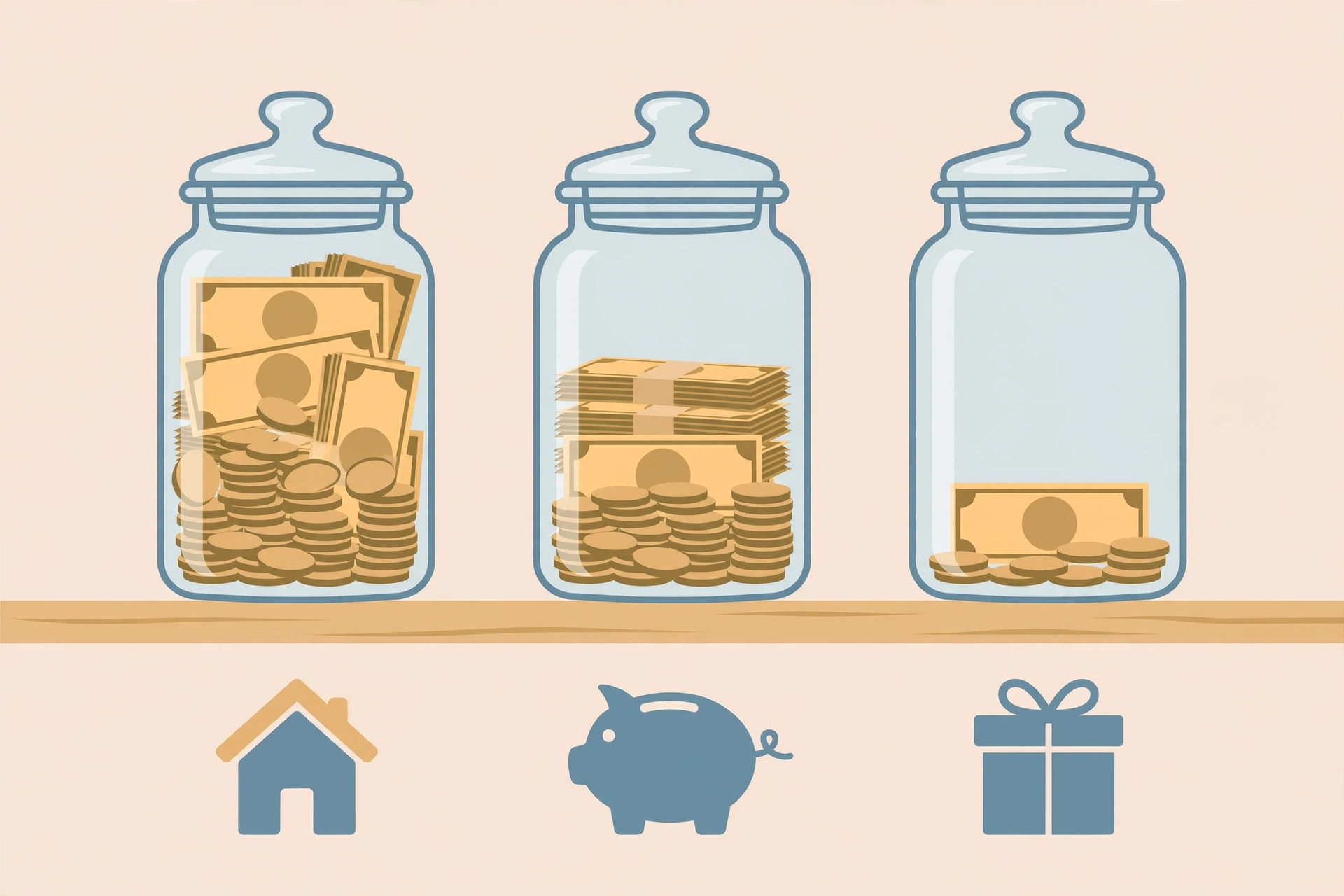 financial compatibility - Three glass money jars with house, savings, and personal spending icons showing a hybrid couples budgeting system