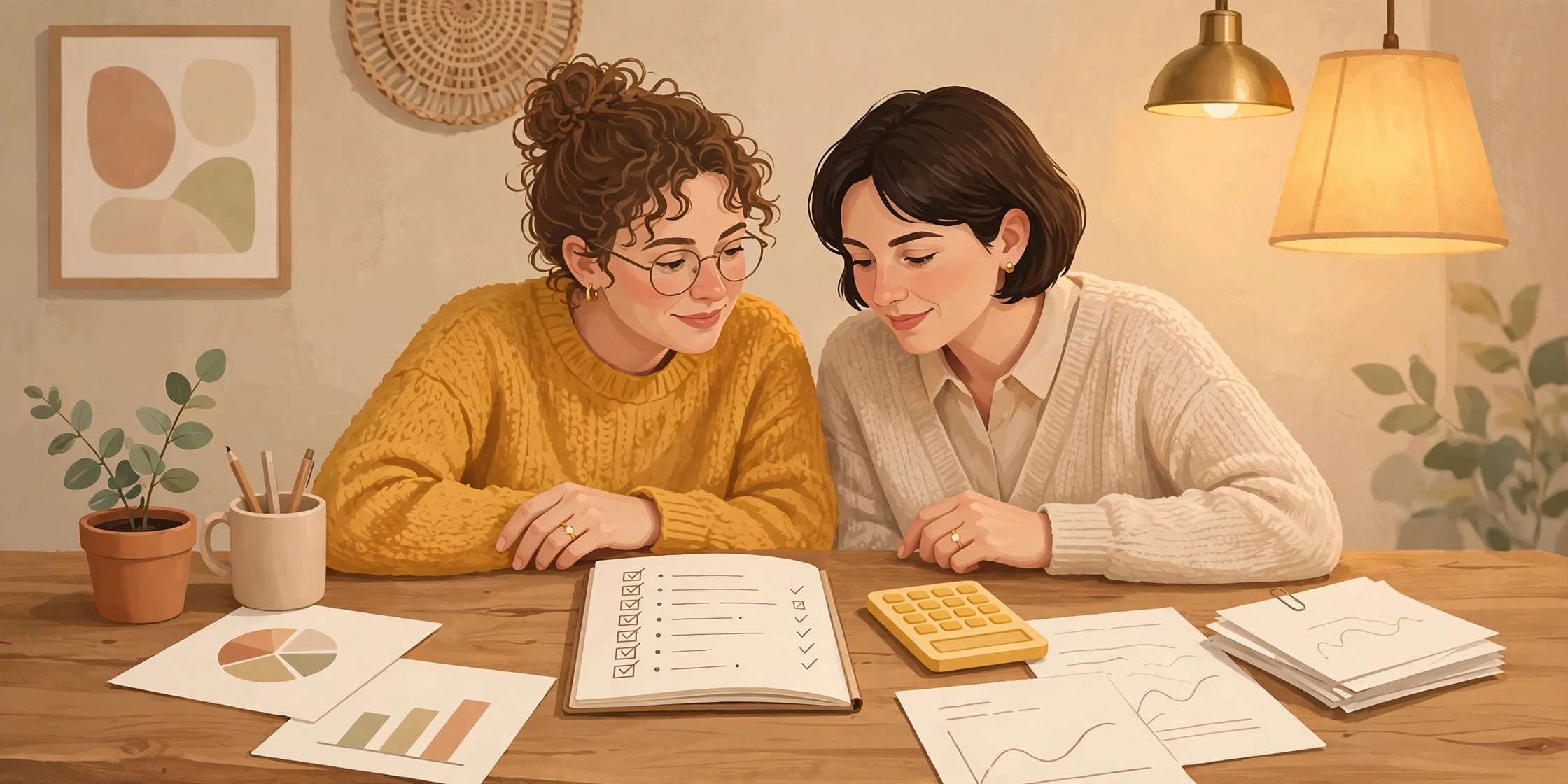 Engaged couple reviewing financial paperwork and a calculator at a table, planning how to handle debt before marriage