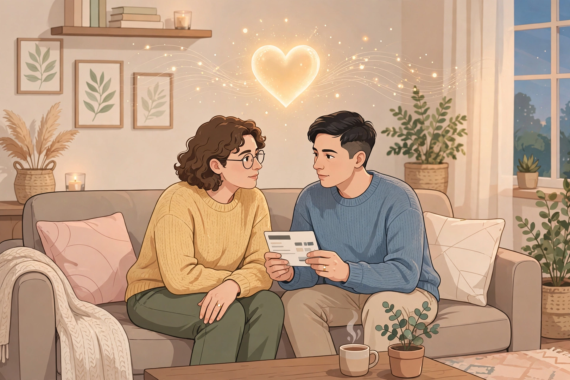 debt before marriage - Engaged couple having an open, supportive conversation about money on a sofa with a glowing heart symbol above them