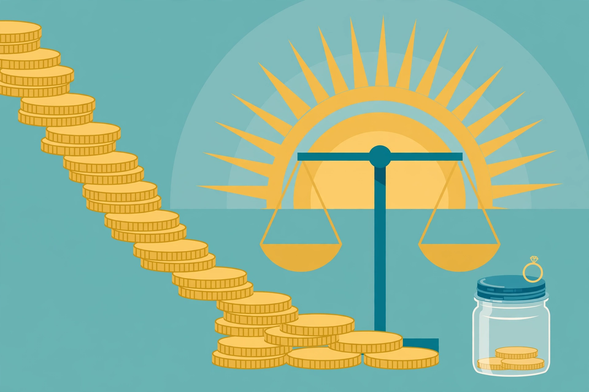 debt before marriage - Abstract illustration of a debt payoff plan with descending coins, a rising sun, balanced scales, and a savings jar