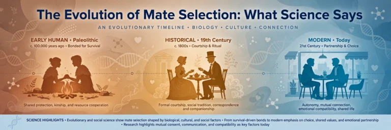 Editorial illustration of the evolution of mate selection, showing human couples from early history to modern times against a warm timeline gradient