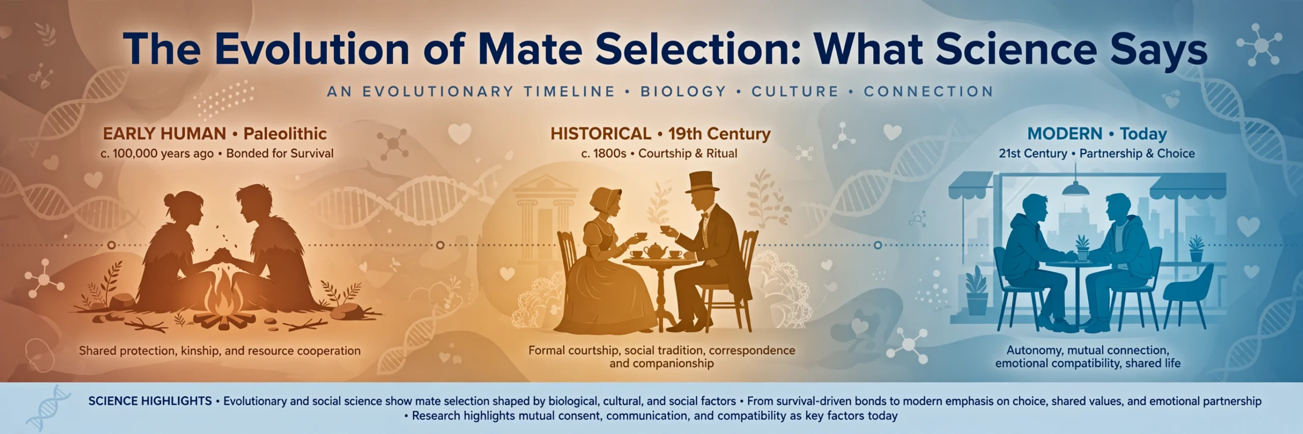 Editorial illustration of the evolution of mate selection, showing human couples from early history to modern times against a warm timeline gradient