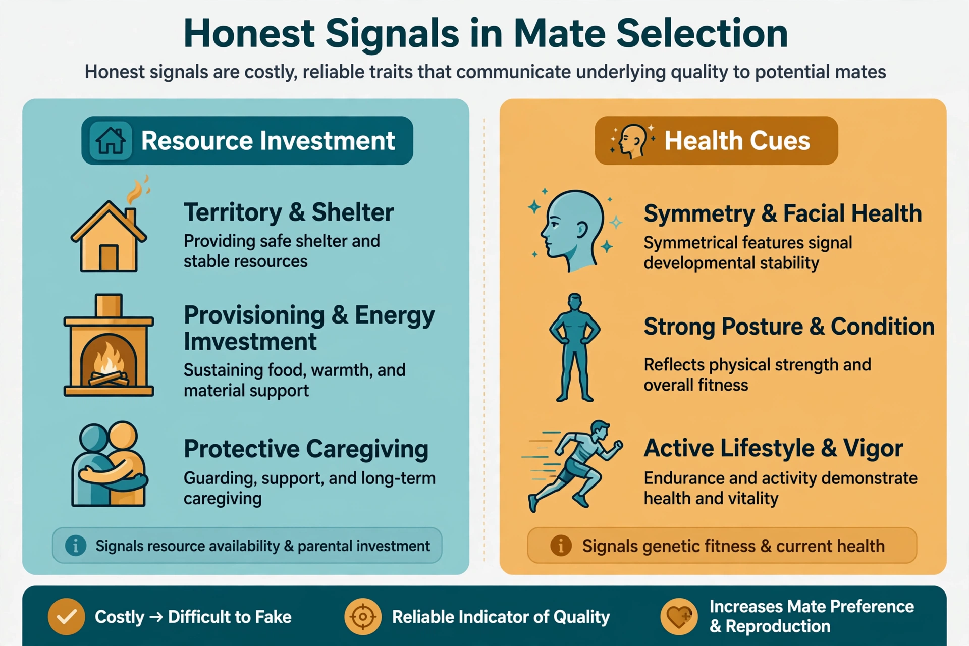Diagram illustrating honest signals in the evolution of mate selection, with icons for resource investment and health cues