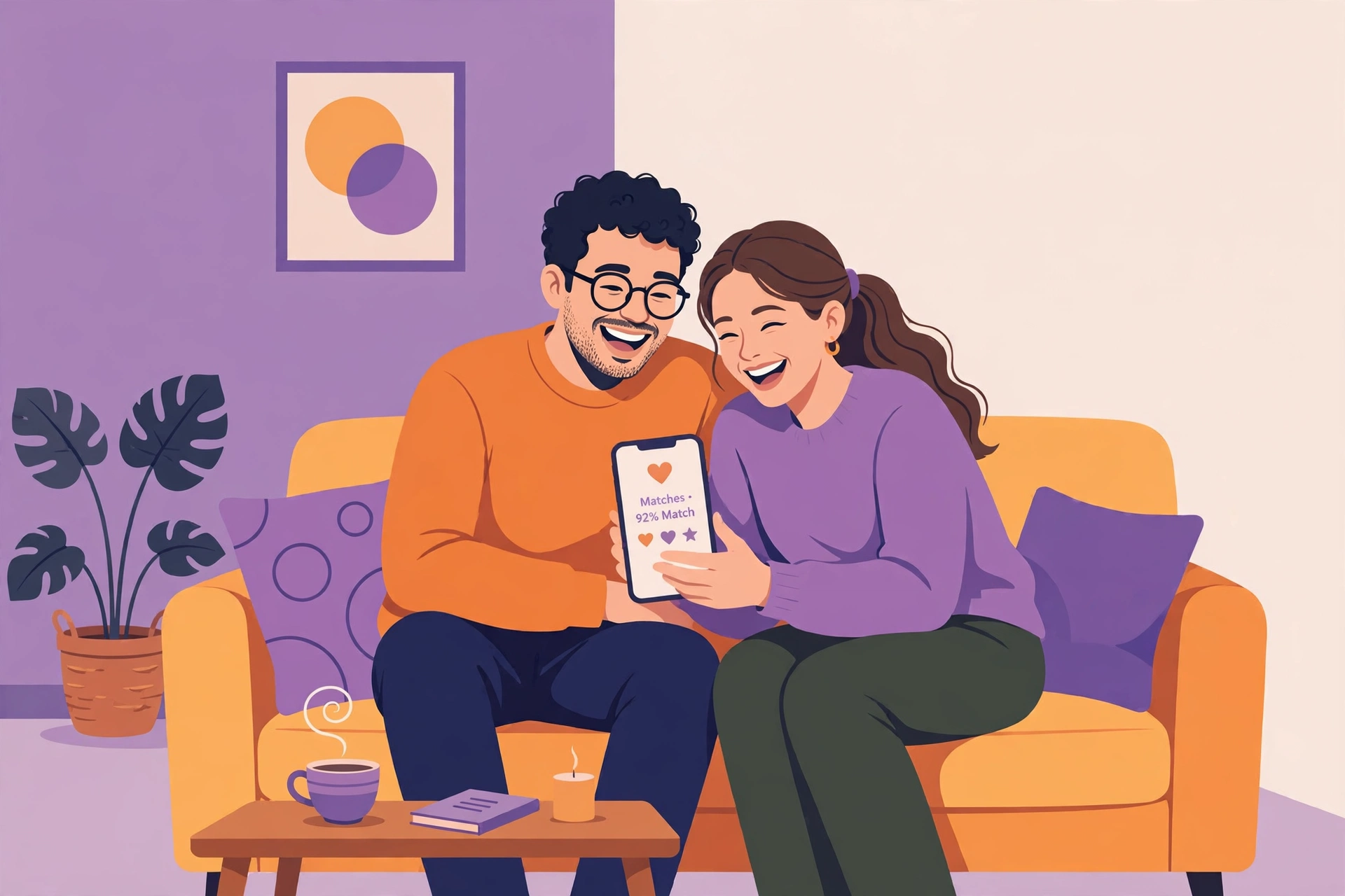 Illustration of a modern couple laughing together on a couch while browsing a smartphone, representing dating apps and the modern evolution of mate selection