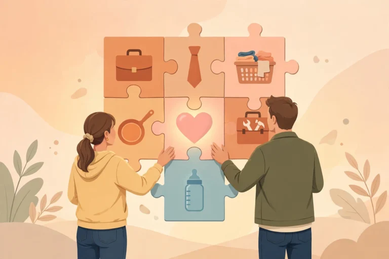 Married couple rearranging puzzle tiles of traditional gender roles in marriage into a balanced, shared arrangement