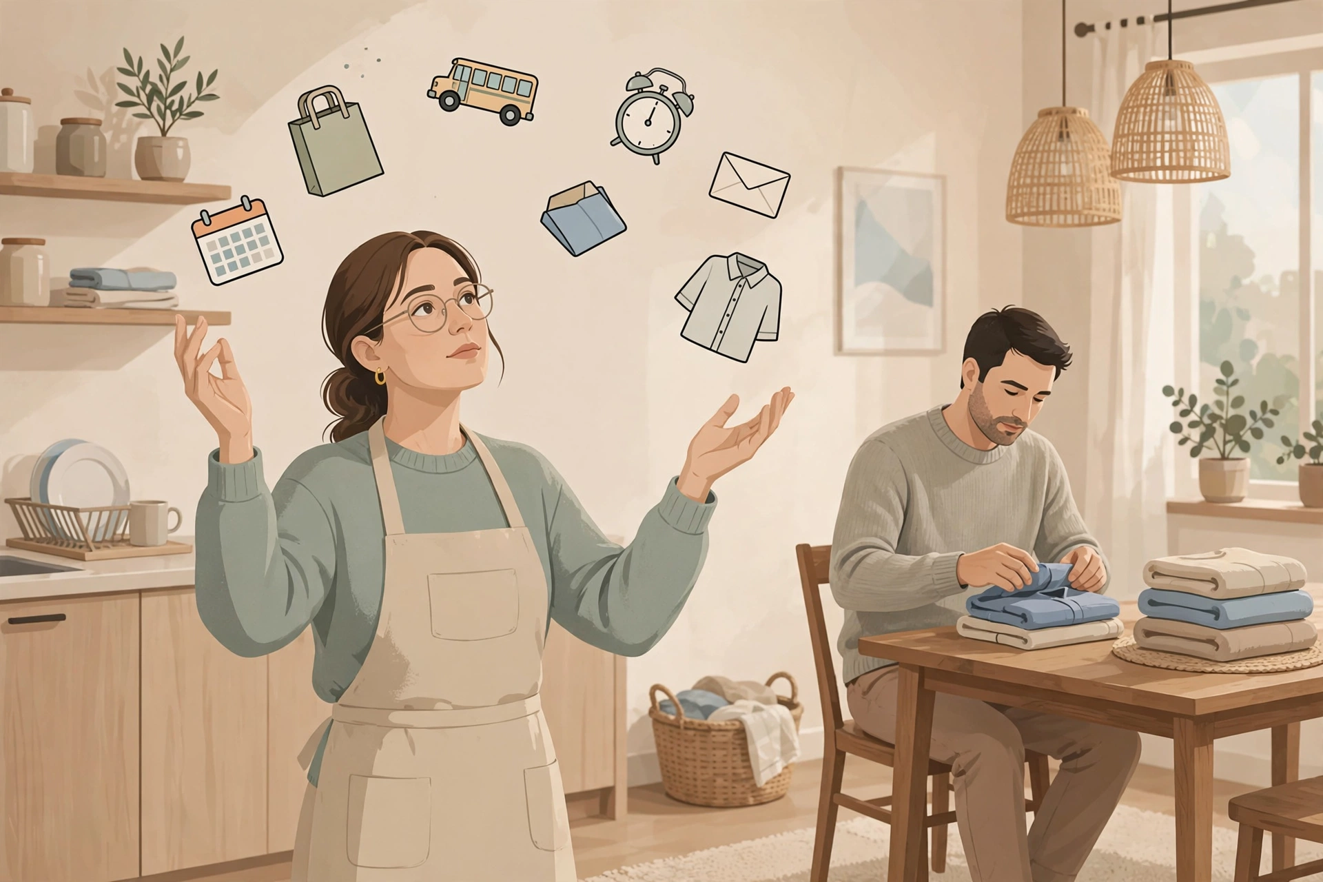 Woman mentally juggling calendar, school bus and household tasks — the mental load of traditional gender roles marriage — while her husband folds laundry
