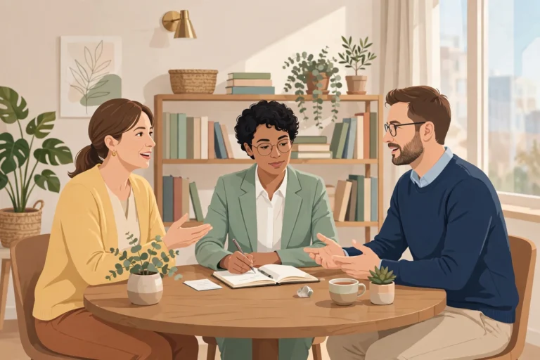 Illustration of a calm couples mediation session with a neutral mediator, showing couples mediation
