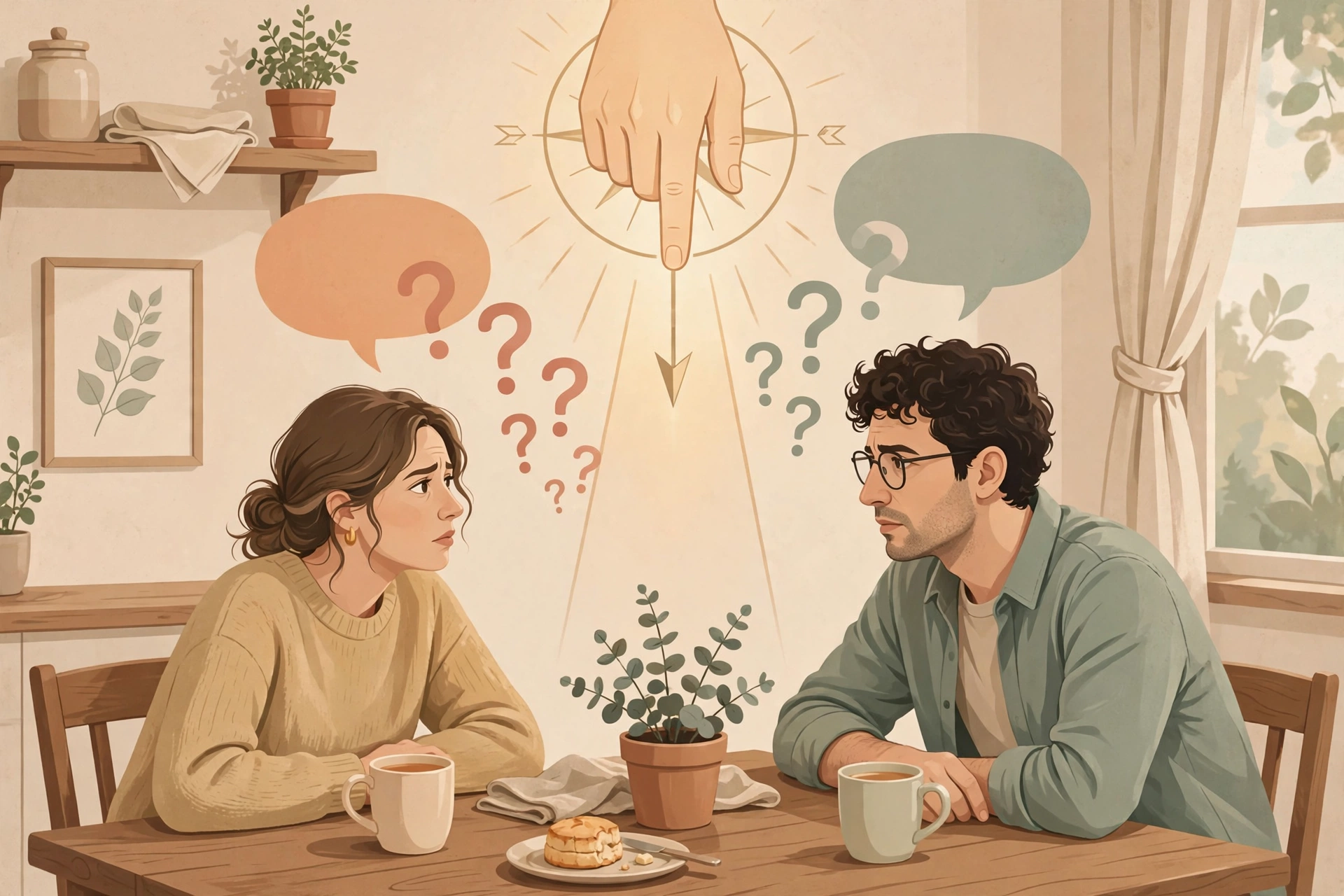 couples mediation - Illustration of a couple stuck in a tense discussion at home, a sign it may be time for a neutral third party.