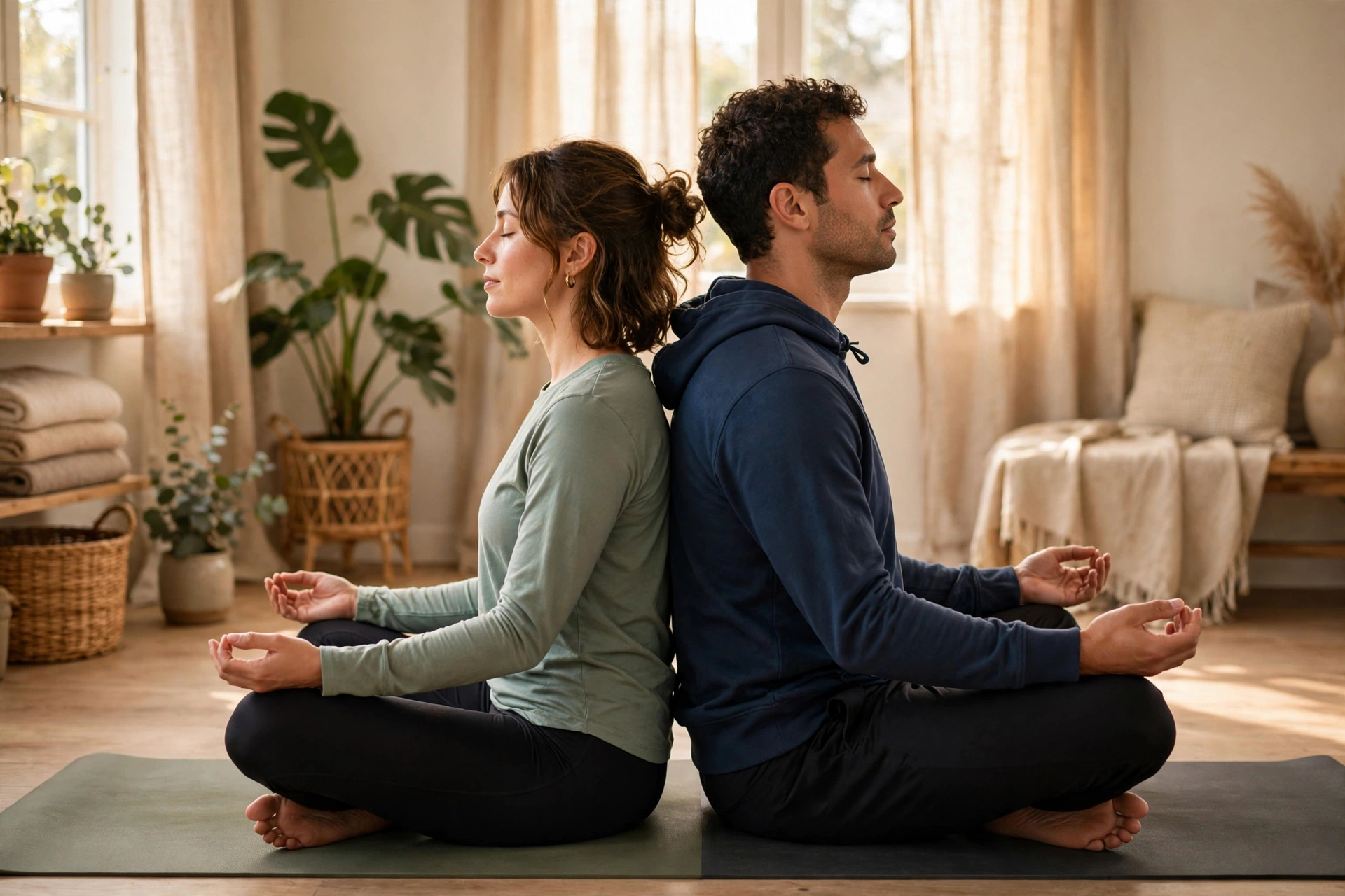 Couple sitting back-to-back on yoga mats practicing synchronized breathing meditation