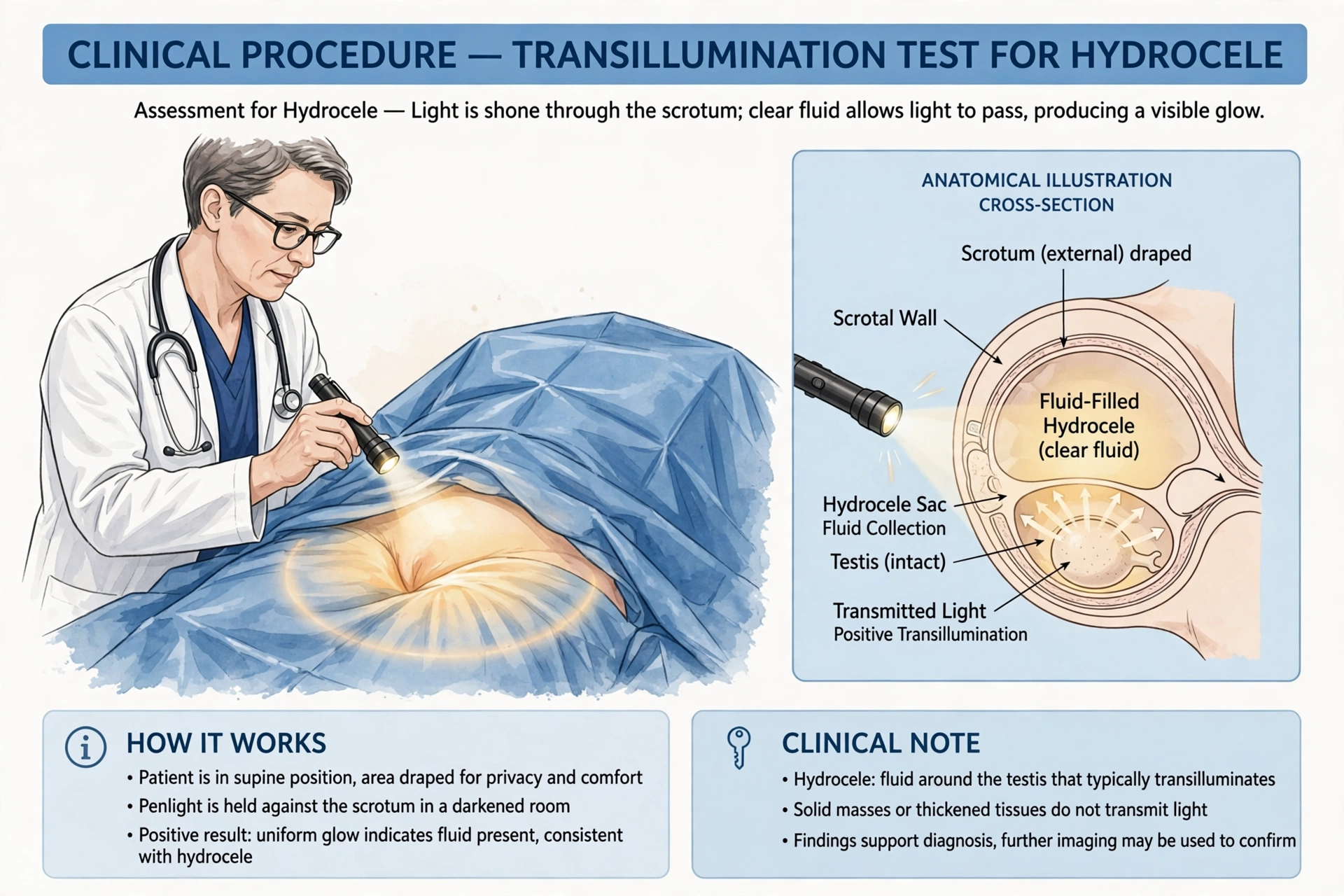 Doctor performing a transillumination test with a penlight to diagnose a hydrocele by shining light through the scrotum