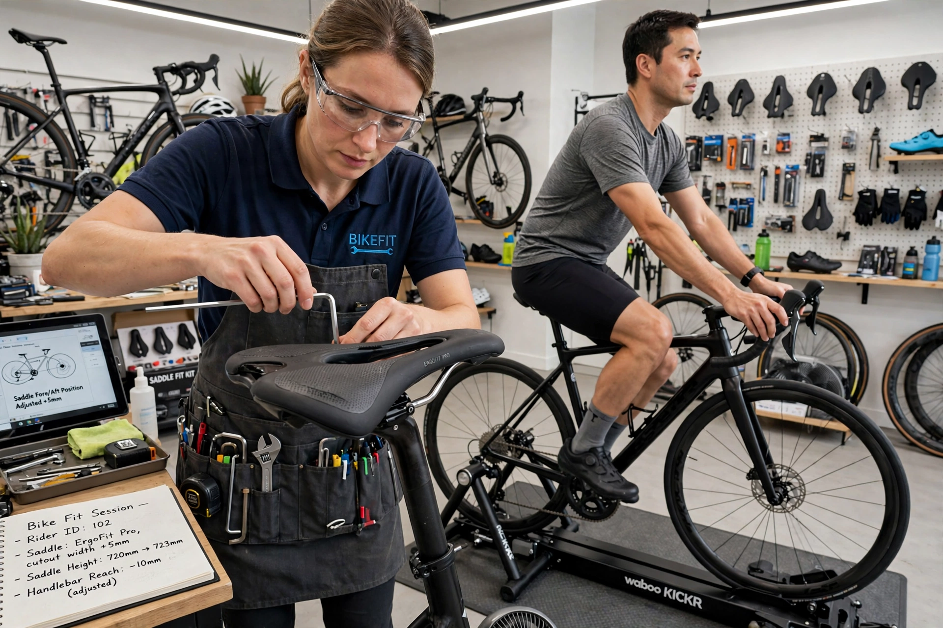Technician adjusting a wide bicycle saddle with a pressure-relief cutout during a professional bike fitting