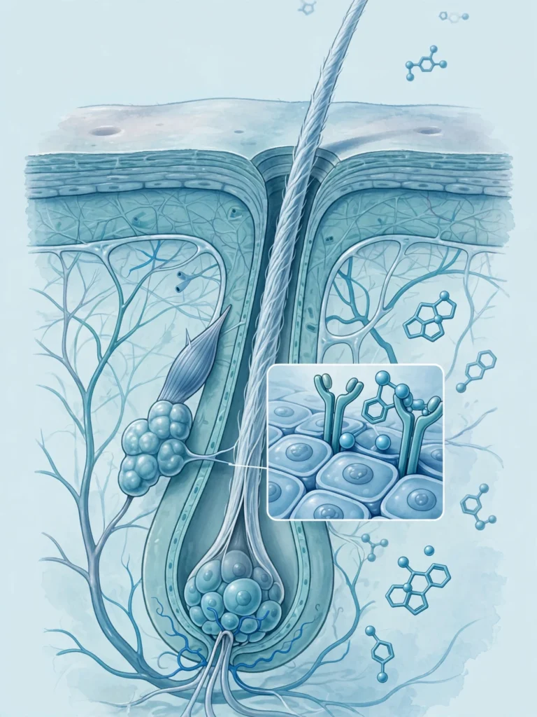 Clinical illustration of a hair follicle and DHT hormone interaction, explaining finasteride