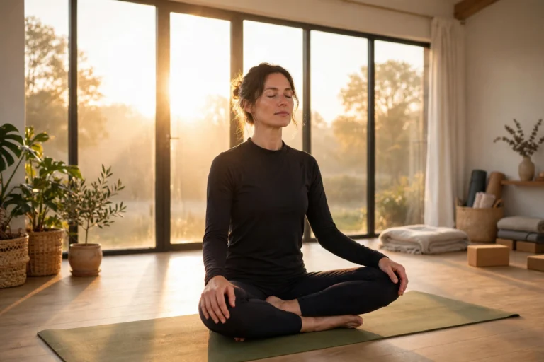 Woman seated in a calm yoga meditation posture in a sunlit studio, practicing yoga for sexual health