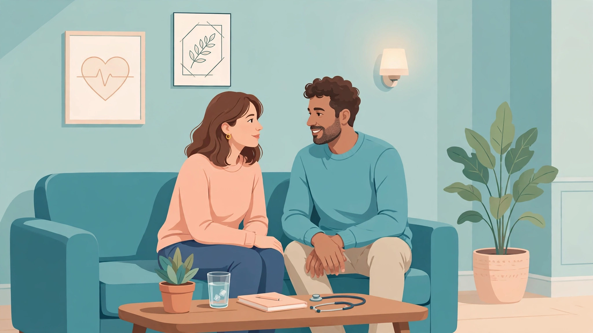 Supportive couple discussing adenomyosis painful sex symptoms and treatment options