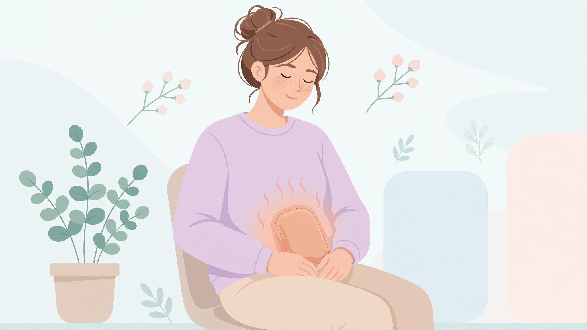 Woman resting with heat therapy on her lower abdomen during painful period from adenomyosis