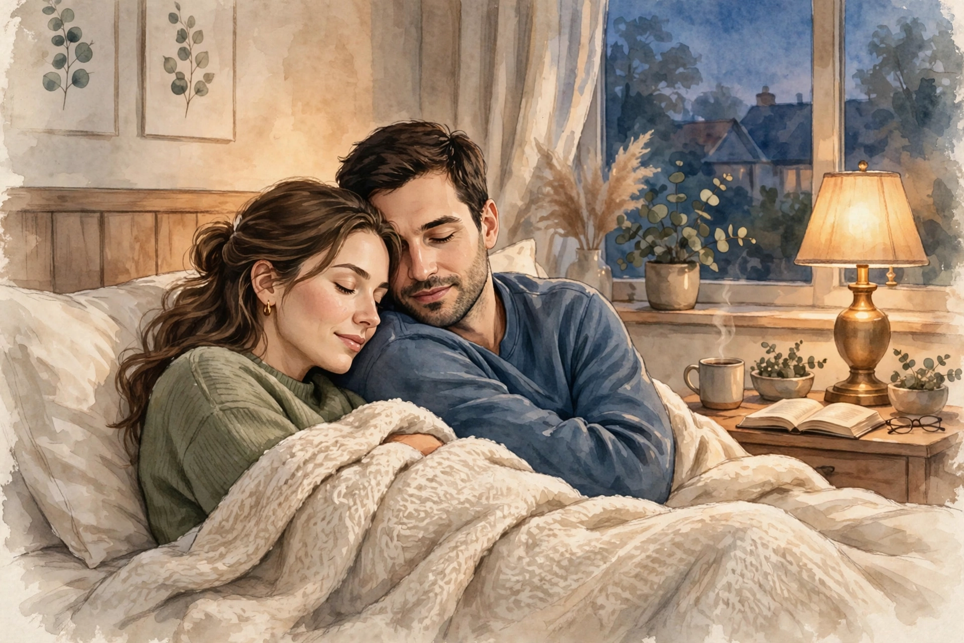 Aftercare after sex couples: Couple cuddling warmly together in bed after intimacy, soft lamplight