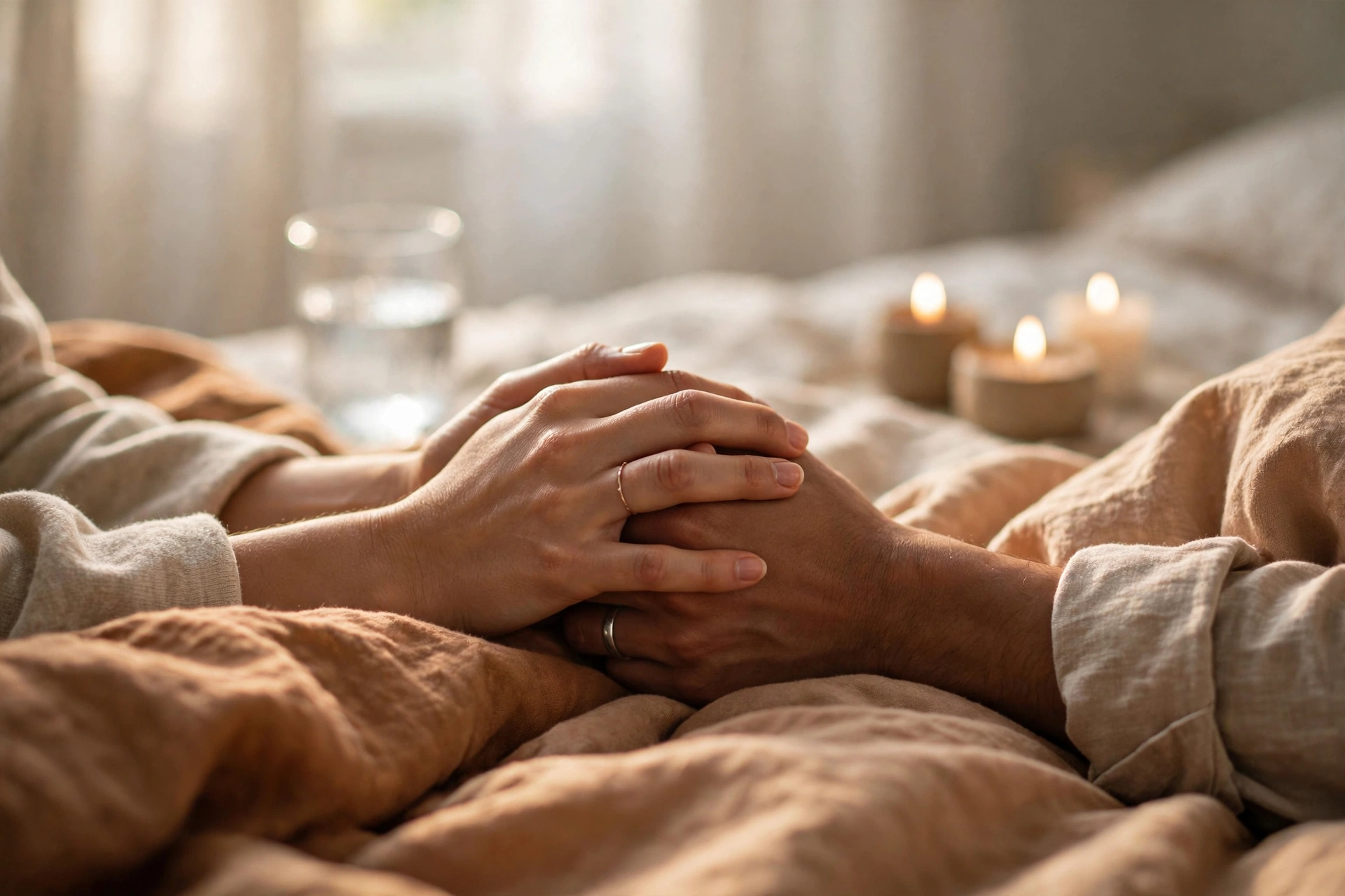 Couple practicing sexual aftercare, holding hands across rumpled sheets with a glass of water nearby