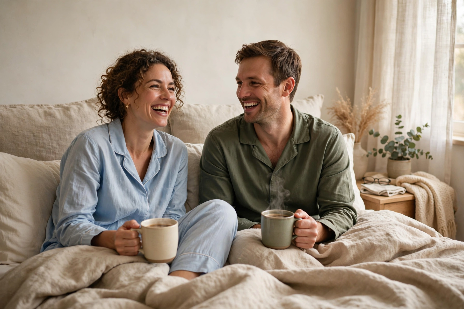 Couple in pajamas talking and laughing over morning coffee in bed