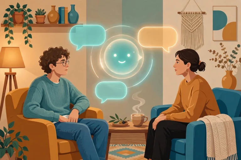 Editorial illustration of a couple in calm conversation with an AI chat assistant mediating between them, representing conflict resolution