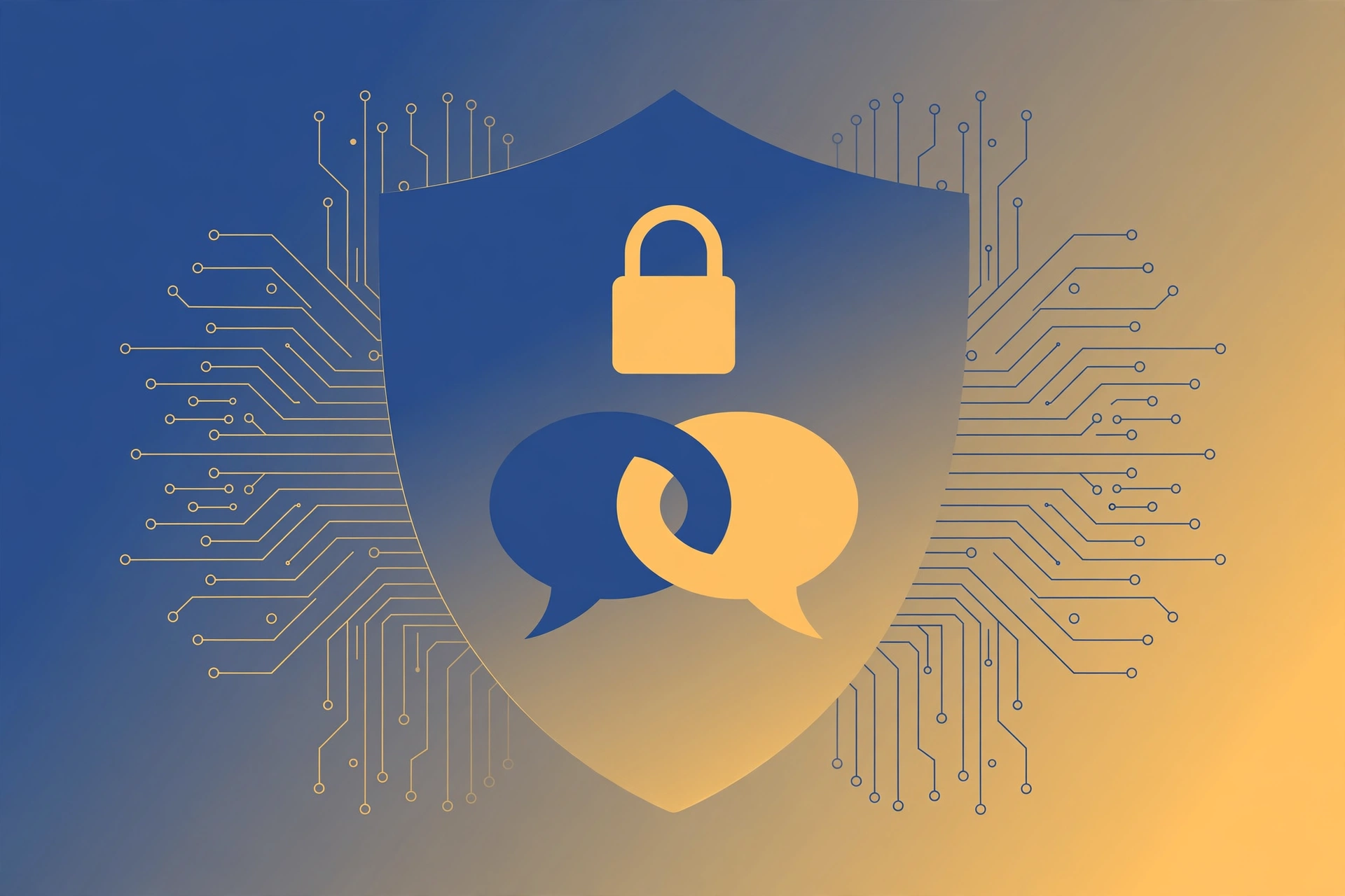 conflict resolution - Abstract illustration of a shield protecting two speech bubbles, symbolizing data privacy in AI relationship tools