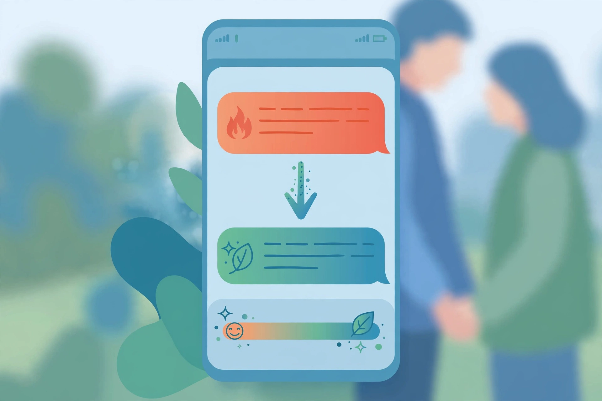 conflict resolution - Editorial illustration of a smartphone chat screen showing a heated message being rephrased into a calmer version with a tone meter