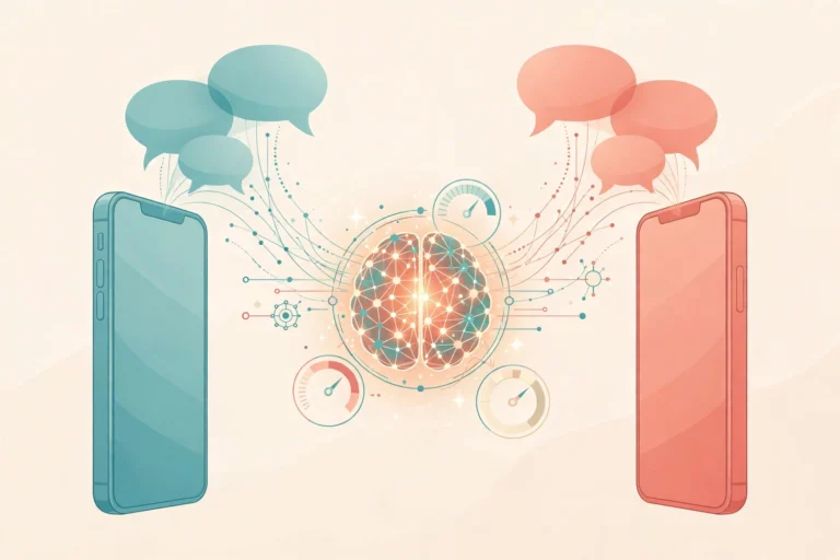Editorial illustration of two smartphones with chat bubbles feeding messages into a glowing neural-network brain with sentiment gauges, representing AI text analysis for couples' communication