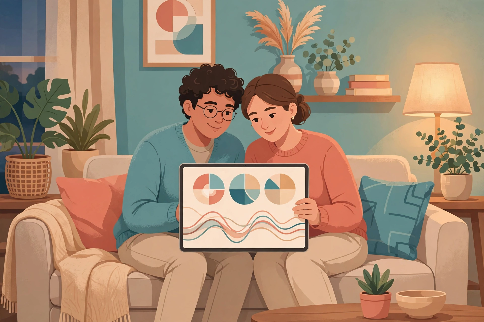 ai text analysis - Warm illustration of a couple sitting together on a couch reviewing abstract communication charts on a tablet