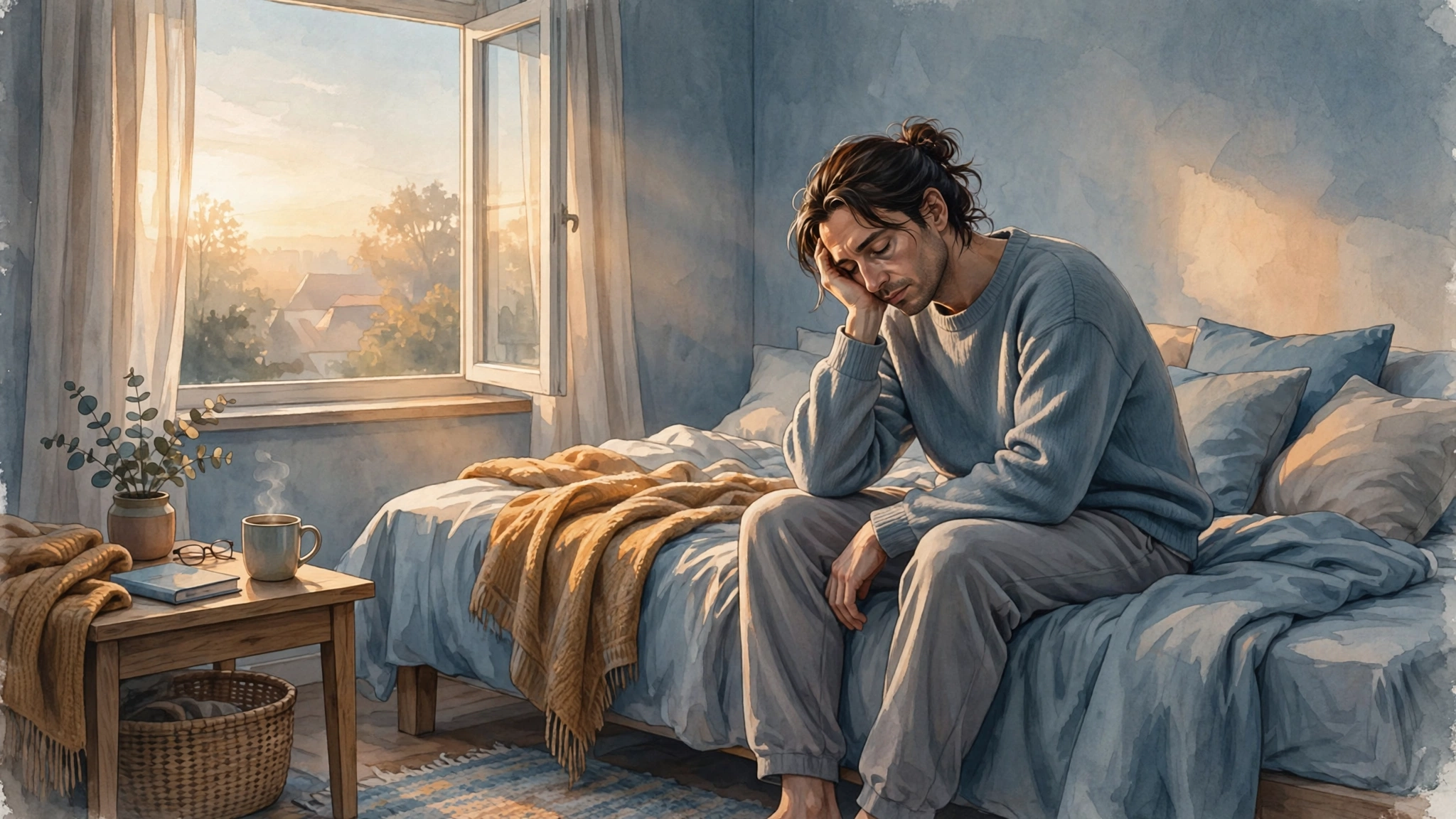 Tired adult sitting on the edge of a bed at dawn, illustrating fatigue-related low libido