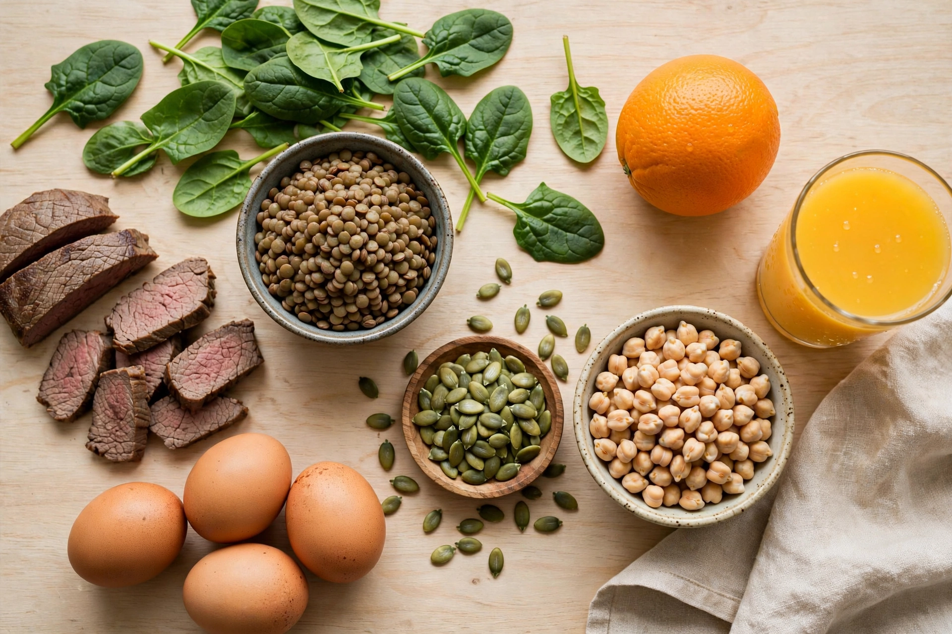 Flat-lay of iron-rich foods supporting the anemia and sex drive connection: spinach, lentils, lean beef, eggs, pumpkin seeds, chickpeas and citrus