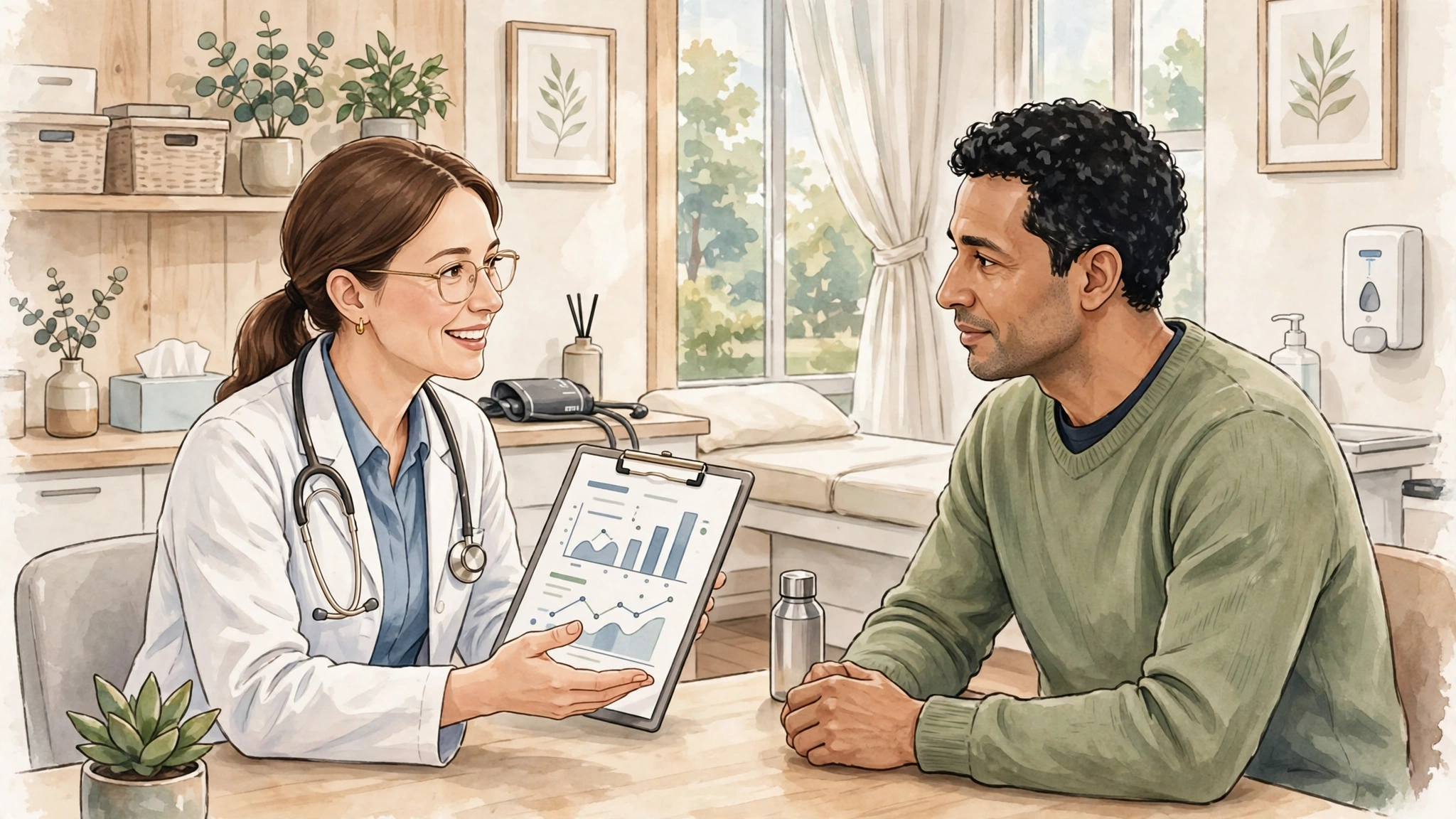 Doctor discussing lab results with a patient in a bright clinic